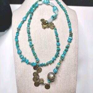 Coldwater Creek 36" Howlite Turquoise Brass Silver Necklace Belt Bracelet
